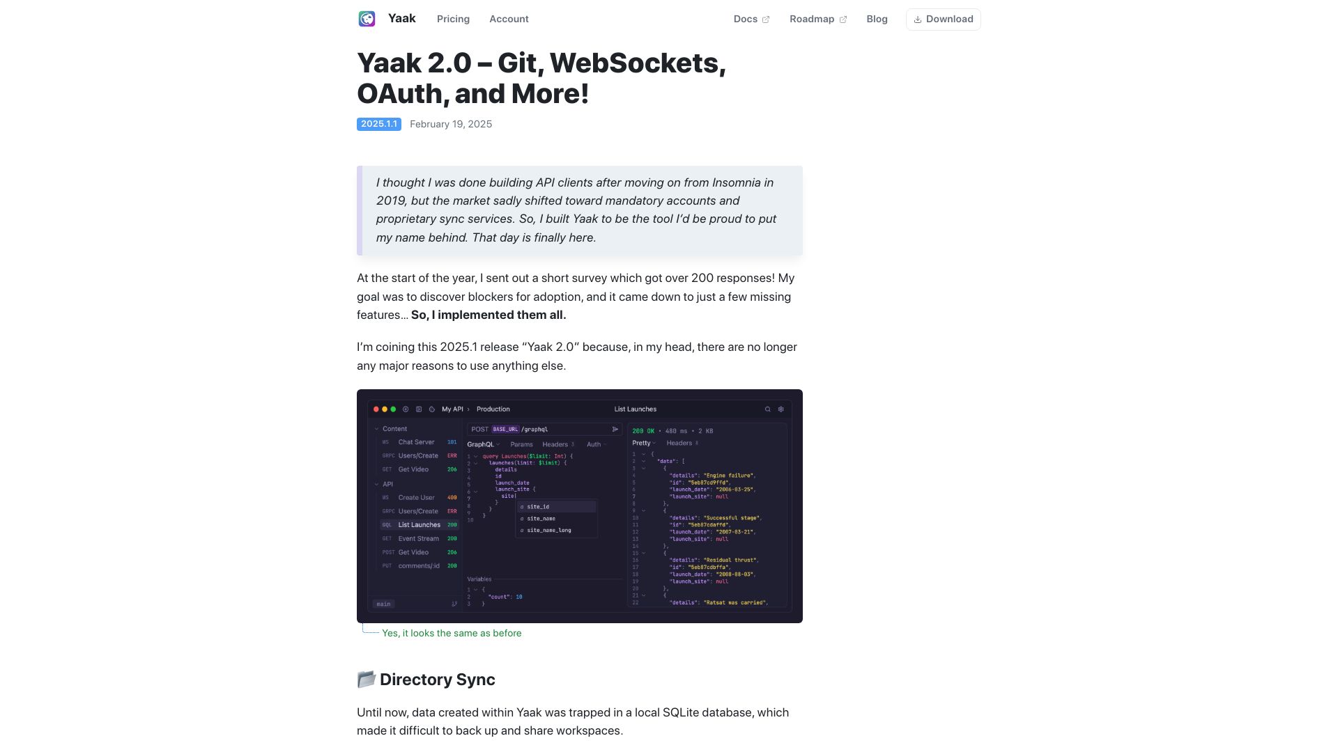 Screenshot of yaak.app: Yaak 2.0 – Git, WebSockets, OAuth, and More