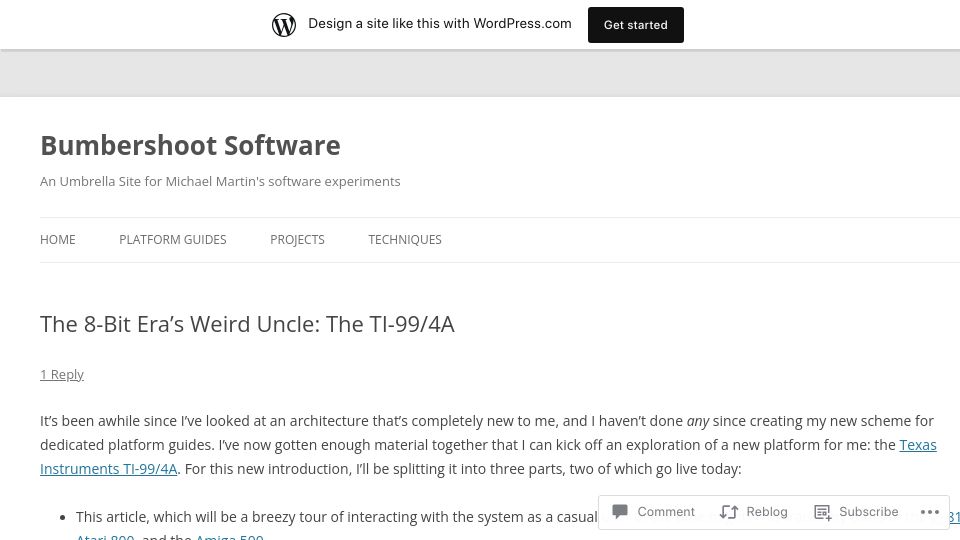 Screenshot of bumbershootsoft.wordpress.com: The 8-Bit Era's Weird Uncle: The TI-99/4A