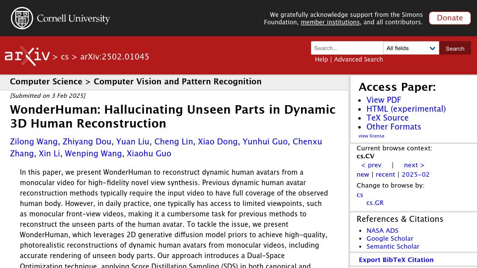 Screenshot of arxiv.org: WonderHuman: 3D avatars from single-view video