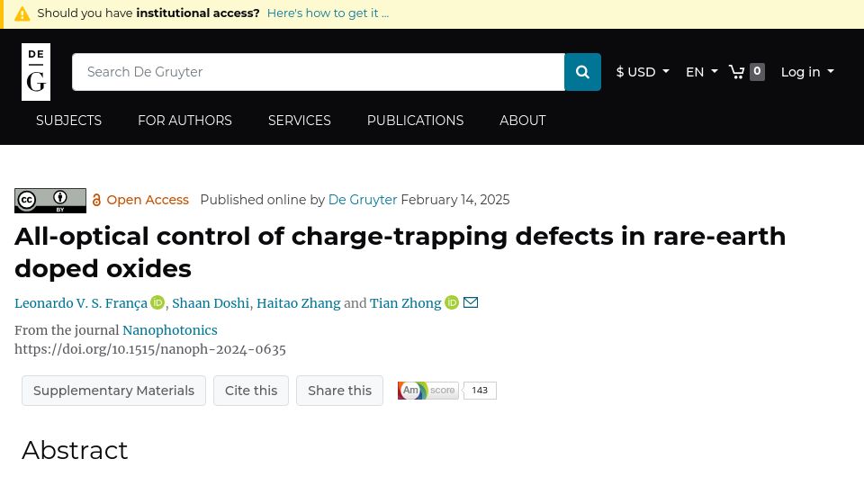 Screenshot of degruyter.com: All-optical control of charge-trapping defects in rare-earth doped oxides