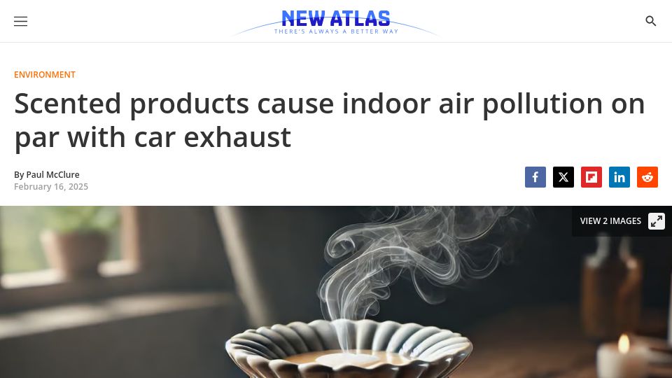Screenshot of newatlas.com: Scented products cause indoor air pollution on par with car exhaust
