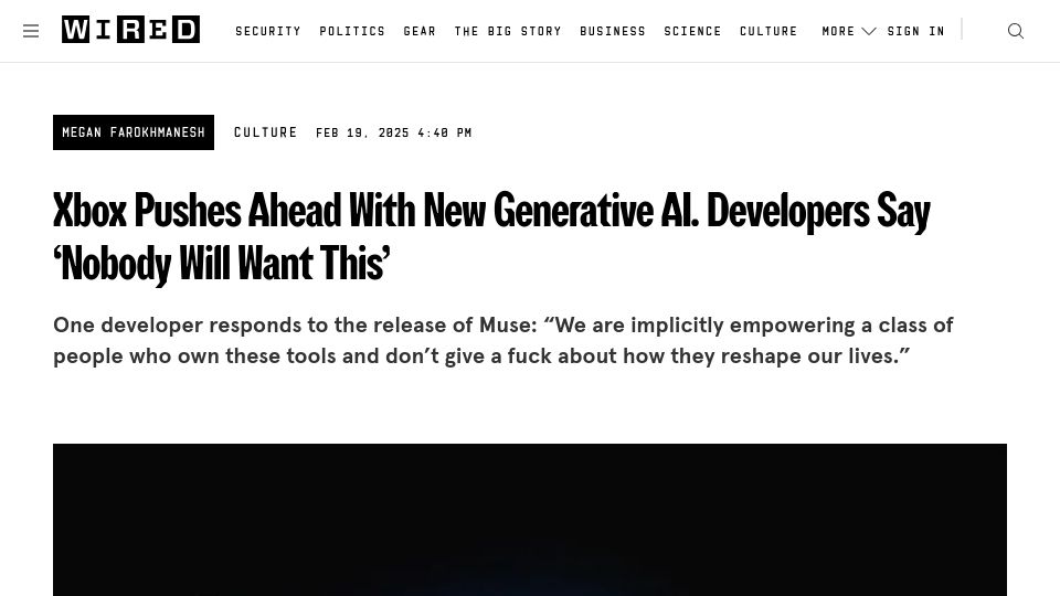 Screenshot of wired.com: Xbox Pushes Ahead with New Generative AI. Developers Say 'Nobody Will Want This'