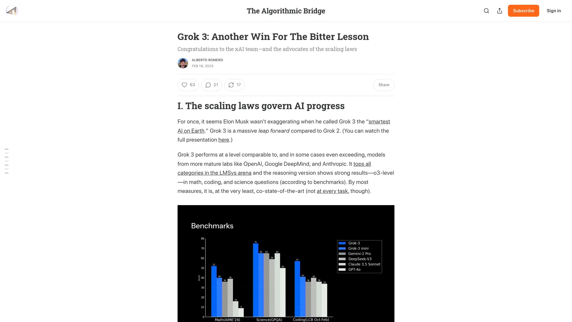 Screenshot of thealgorithmicbridge.com: Grok 3: Another win for the bitter lesson