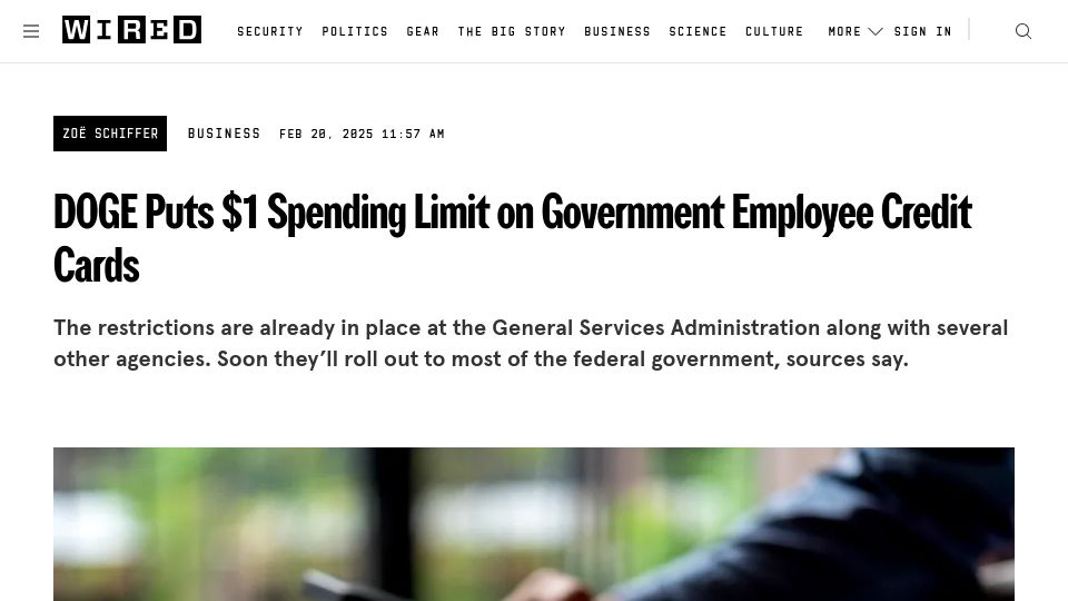 Screenshot of wired.com: DOGE puts $1 spending limit on government employee credit cards