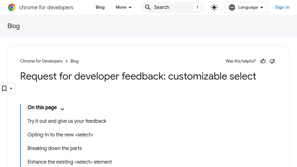 Screenshot of developer.chrome.com: Customizable HTML Select