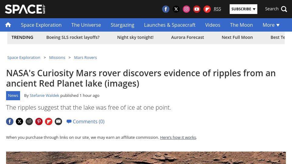 Screenshot of space.com: Curiosity Mars rover discovers evidence of ripples from ancient Red Planet lake