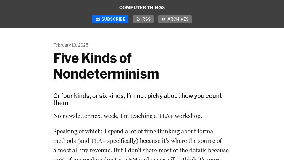 Screenshot of buttondown.com: Five Kinds of Nondeterminism