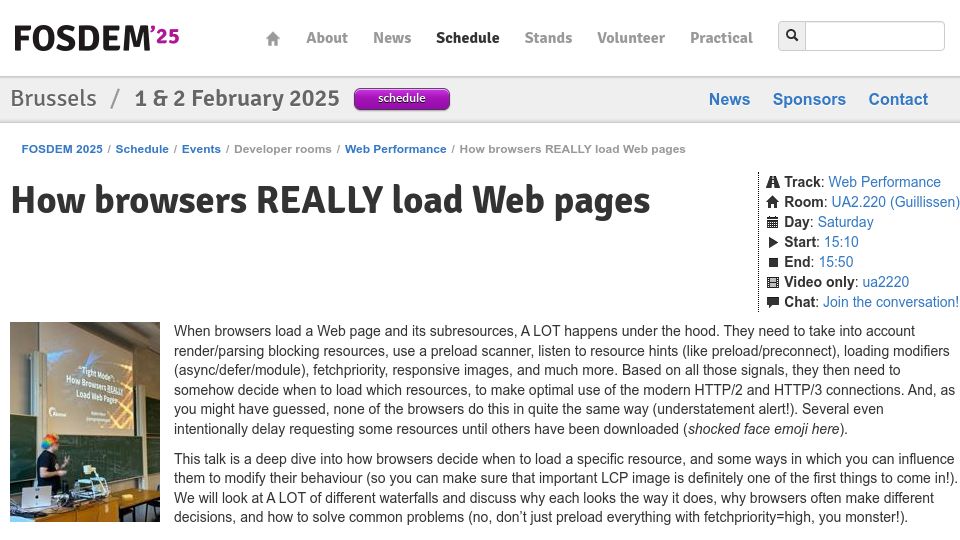 Screenshot of fosdem.org: How browsers really load web pages [video]