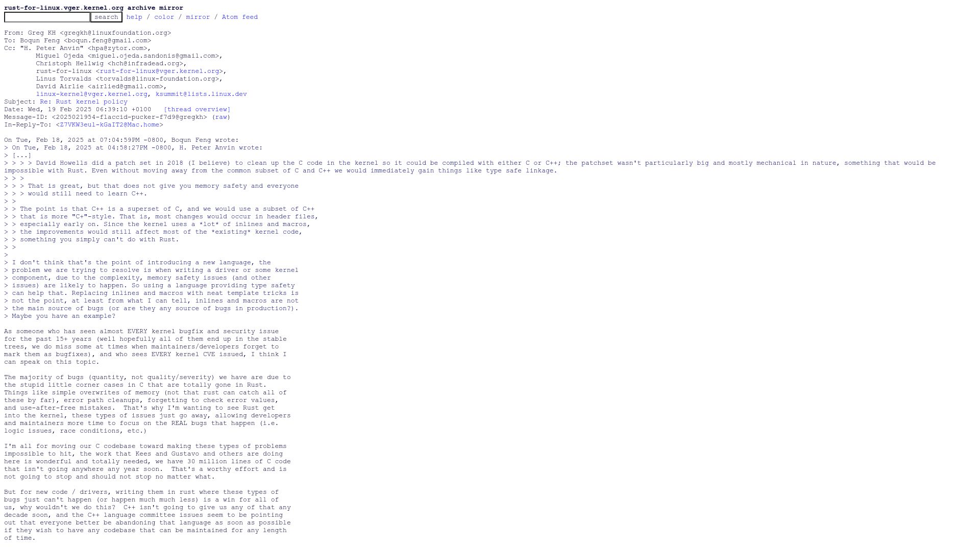 Screenshot of lore.kernel.org: Greg K-H: "Writing new code in Rust is a win for all of us"