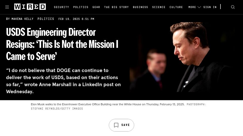 Screenshot of wired.com: USDS Engineering Director Resigns: 'This Is Not the Mission I Came to Serve'