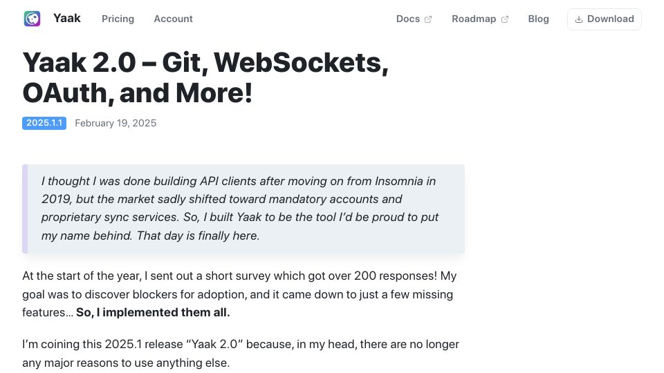 Screenshot of yaak.app: Yaak 2.0 – Git, WebSockets, OAuth, and More
