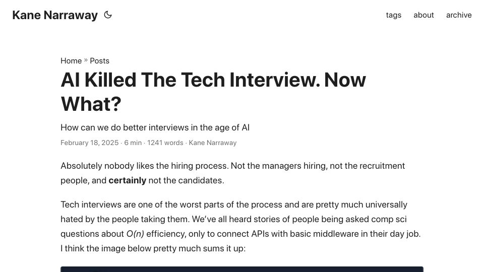 Screenshot of kanenarraway.com: AI killed the tech interview. Now what?