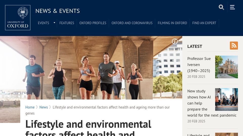 Screenshot of ox.ac.uk: Lifestyle and environmental factors affect health and ageing more than our genes