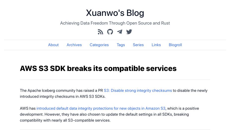 Screenshot of xuanwo.io: AWS S3 SDK breaks its compatible services
