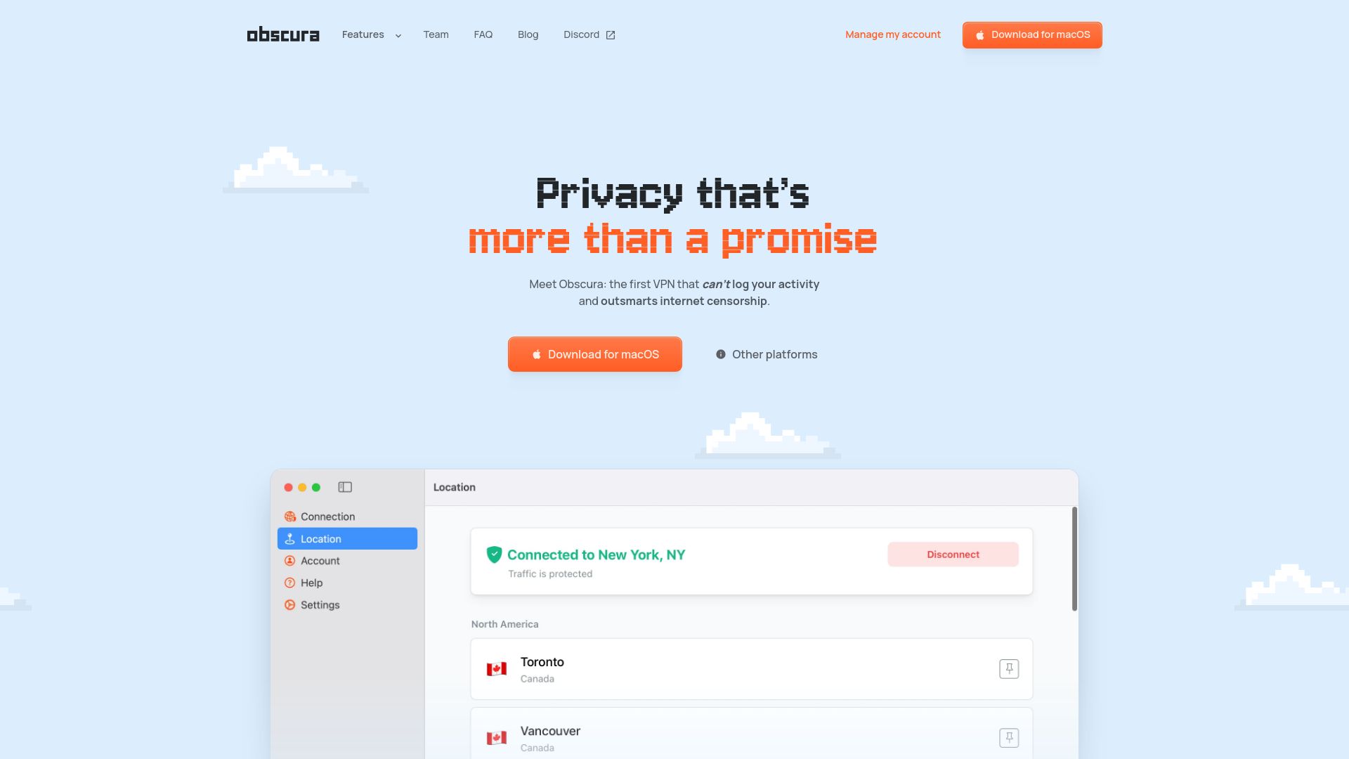 Screenshot of obscura.net: Obscura VPN – Privacy that's more than a promise