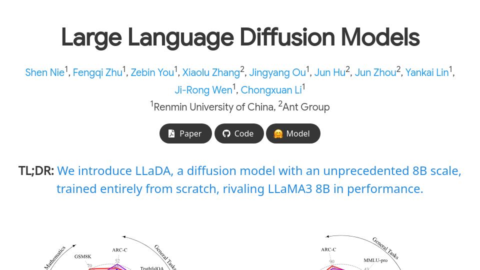 Screenshot of ml-gsai.github.io: Large Language Diffusion Models