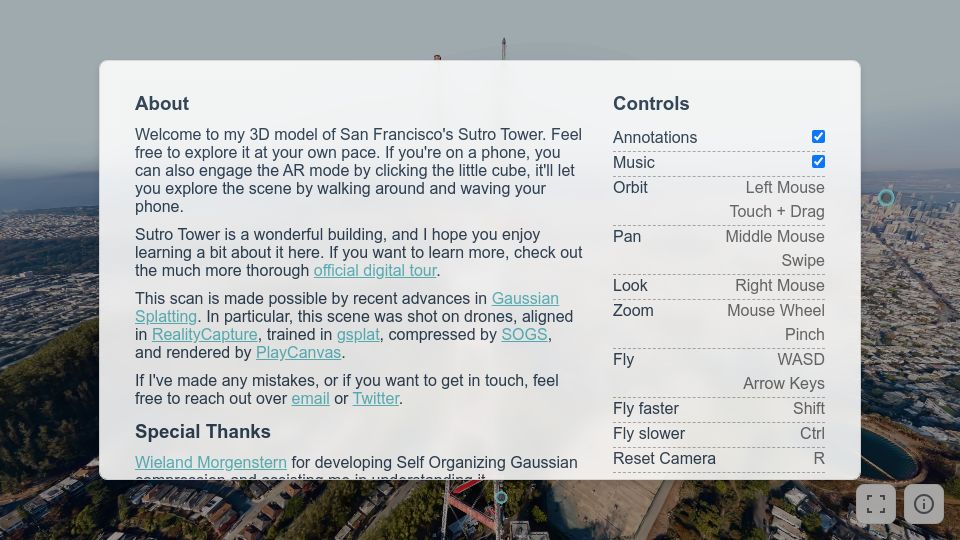 Screenshot of vincentwoo.com: Show HN: Immersive Gaussian Splat experience of Sutro Tower, San Francisco