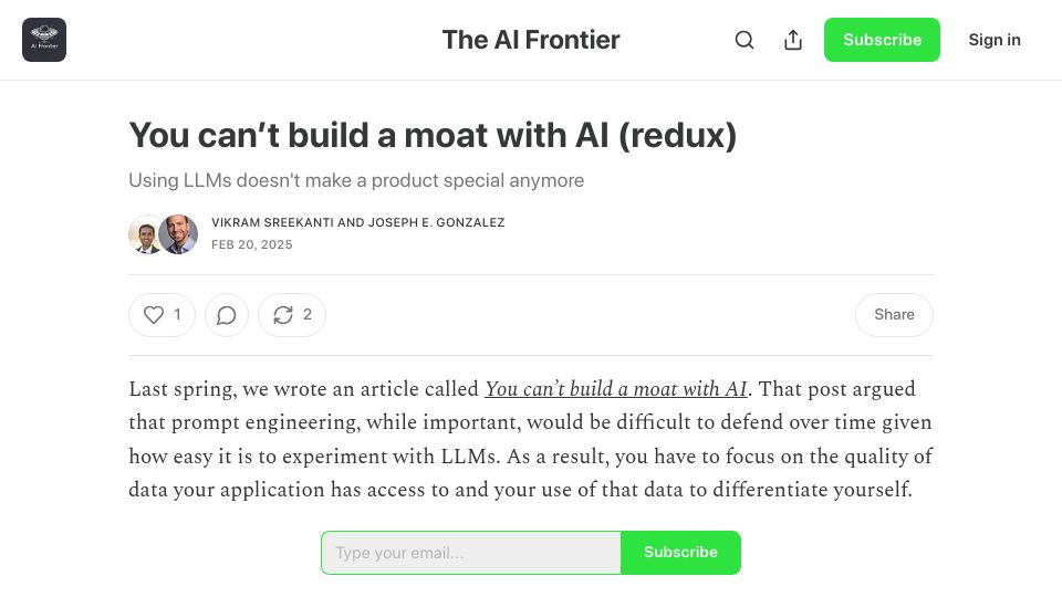 Screenshot of frontierai.substack.com: You can’t build a moat with AI (redux)