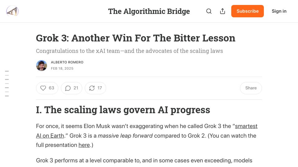 Screenshot of thealgorithmicbridge.com: Grok 3: Another win for the bitter lesson