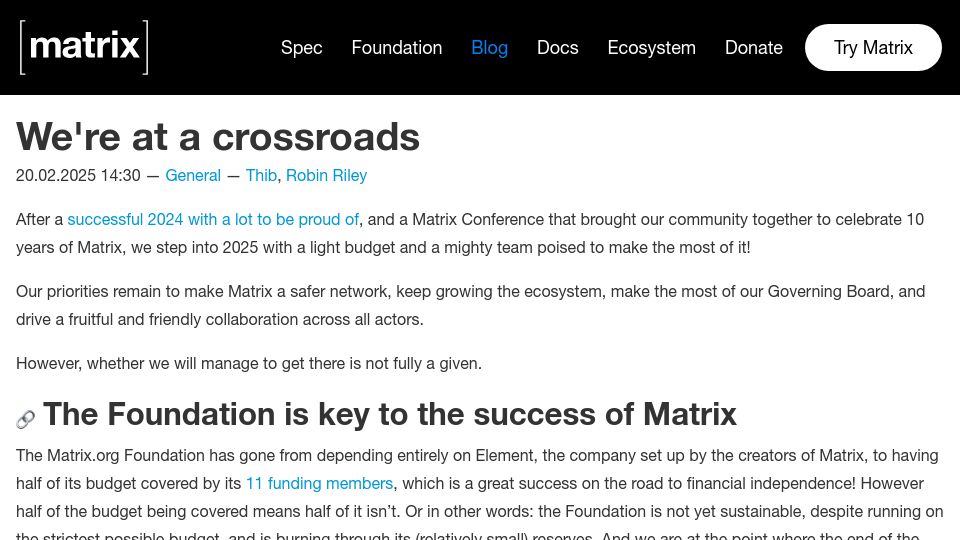 Screenshot of matrix.org: Matrix Foundation to shut down bridges if it doesn't raise $100K