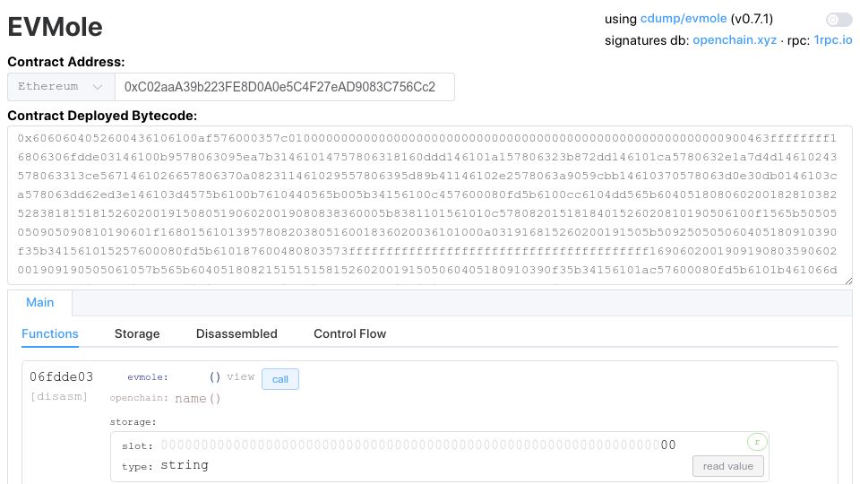Screenshot of evmole.xyz: Show HN: EVMole for Analysing EVM Bytecode