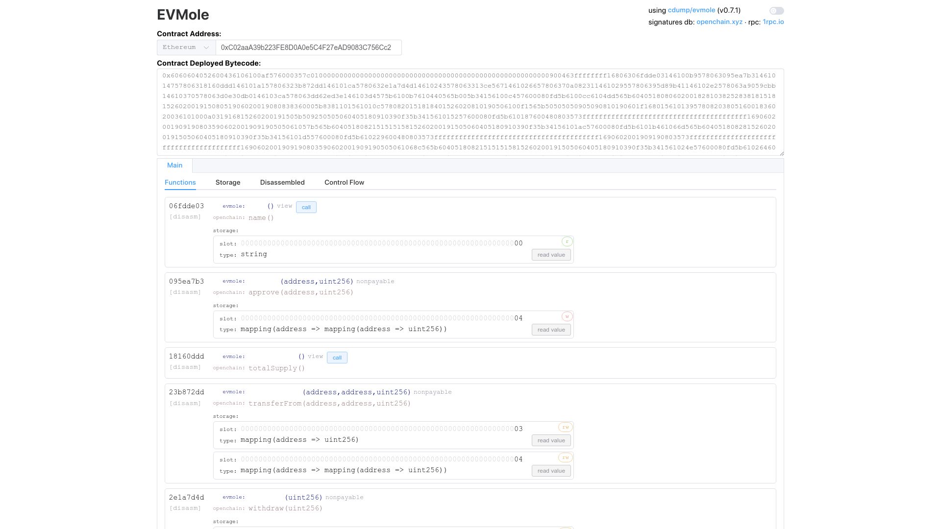 Screenshot of evmole.xyz: Show HN: EVMole for Analysing EVM Bytecode