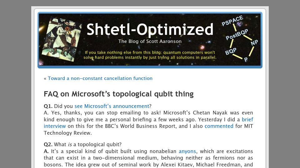 Screenshot of scottaaronson.blog: FAQ on Microsoft's topological qubit thing