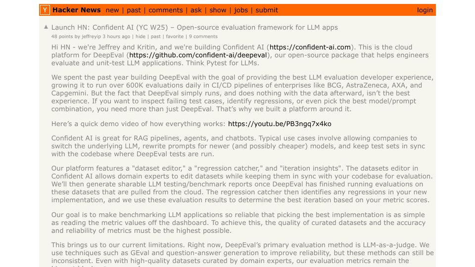 Screenshot of Hacker News post: Launch HN: Confident AI (YC W25) – Open-source evaluation framework for LLM apps