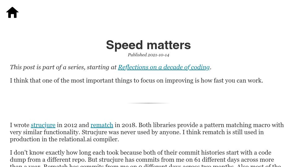 Screenshot of scattered-thoughts.net: Speed matters (2021)