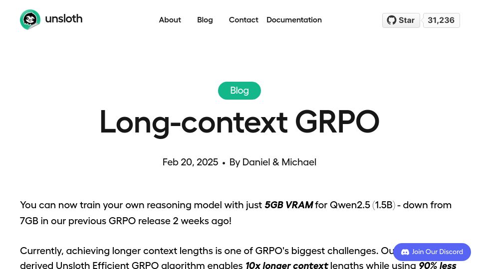 Screenshot of unsloth.ai: Long-Context GRPO