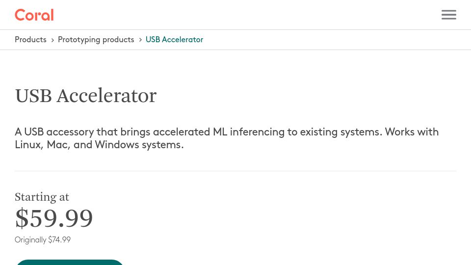 Screenshot of coral.ai: Coral USB Accelerator with Google's Edge TPU