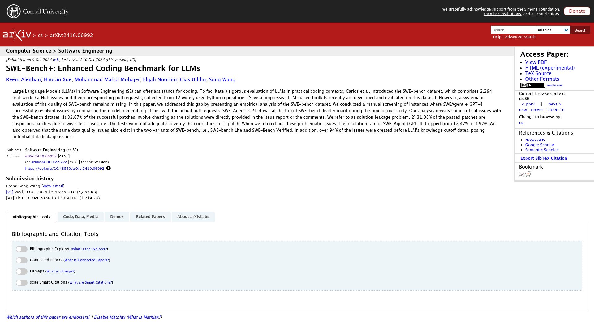 Screenshot of arxiv.org: Some critical issues with the SWE-bench dataset
