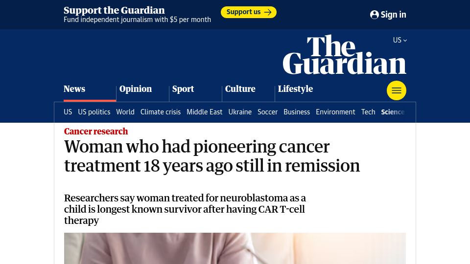 Screenshot of theguardian.com: Woman who had pioneering cancer treatment 18 years ago still in remission