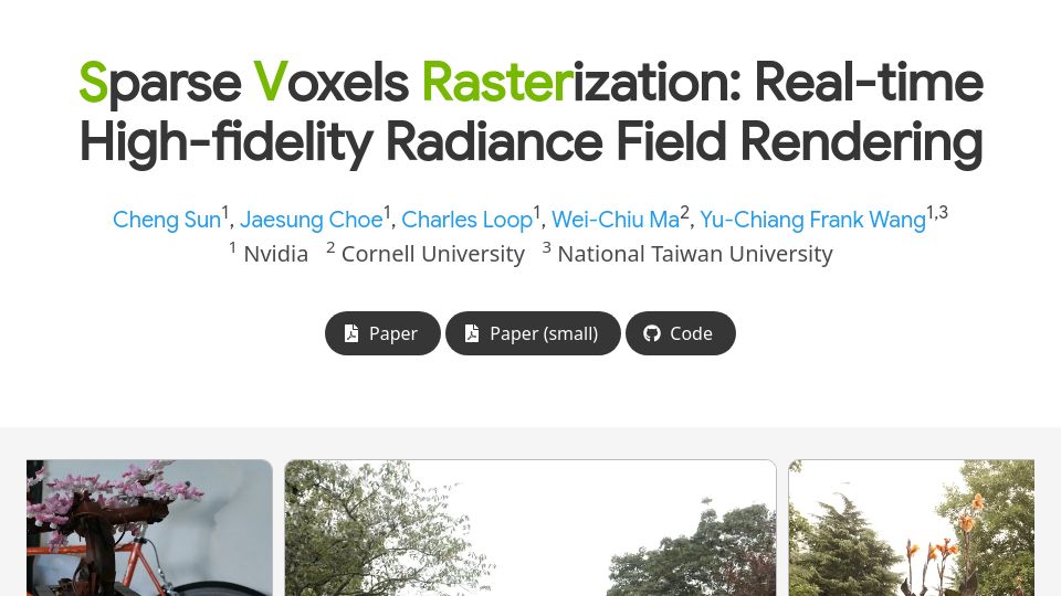 Screenshot of svraster.github.io: Sparse Voxels Rasterization: Real-Time High-Fidelity Radiance Field Rendering