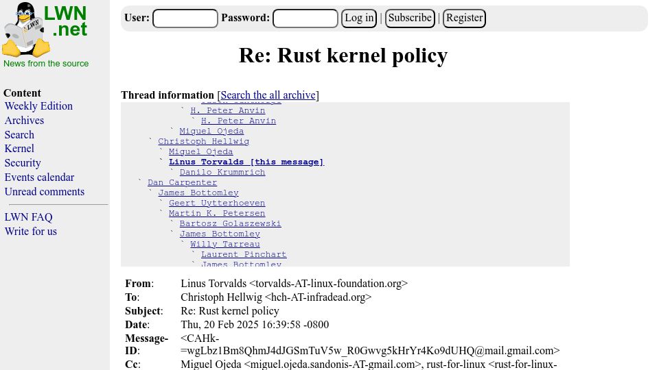Screenshot of lwn.net: Linus on Rust and the Kernel DMA Layer