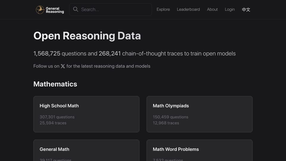 Screenshot of gr.inc: General Reasoning: Free, open resource for building large reasoning models