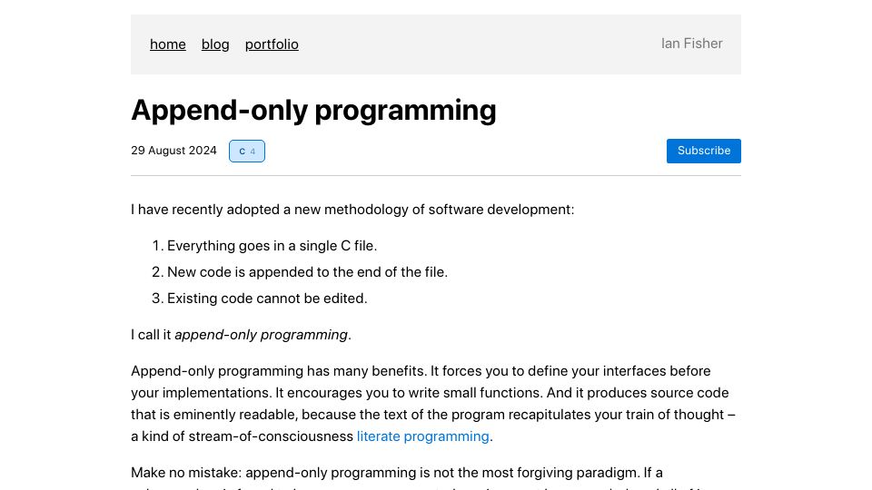 Screenshot of iafisher.com: Append-Only Programming (2024)
