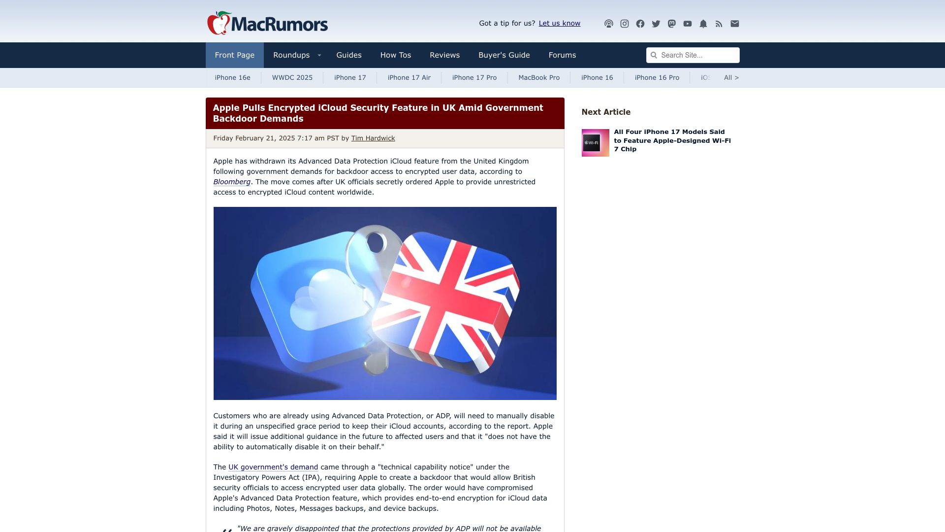 Screenshot of macrumors.com: Apple Pulls Encrypted iCloud Security Feature in UK