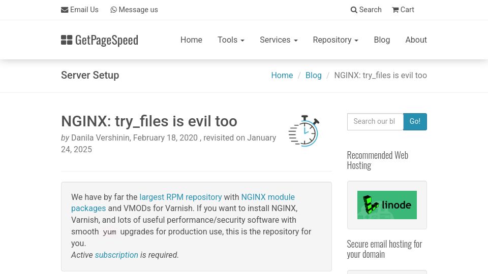 Screenshot of getpagespeed.com: Nginx: try_files Is Evil Too (2024)