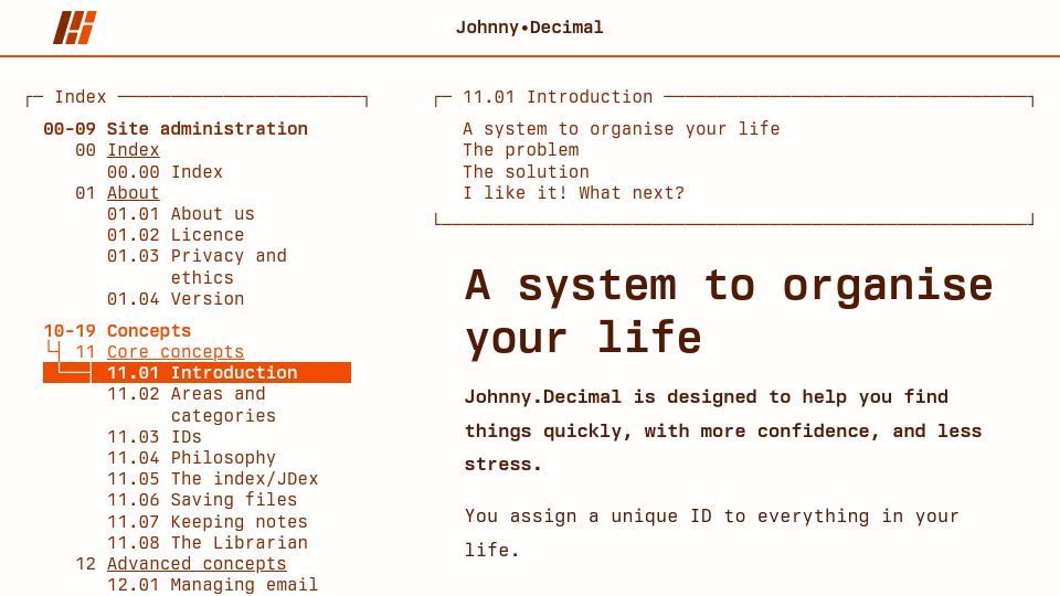 Screenshot of johnnydecimal.com: Johnny.Decimal – A system to organise your life