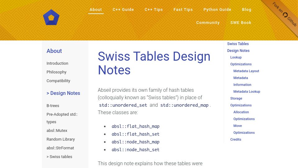 Screenshot of abseil.io: Swiss Tables