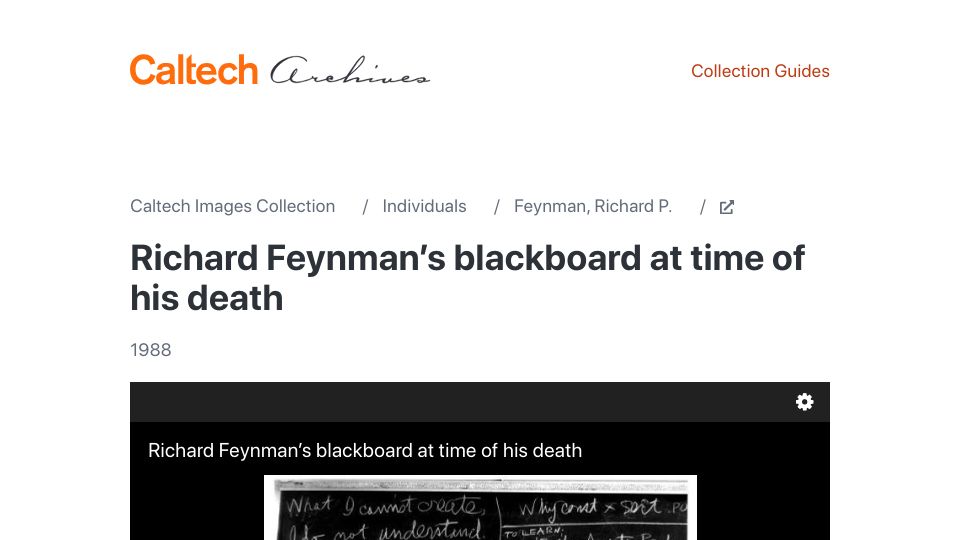 Screenshot of digital.archives.caltech.edu: Richard Feynman's blackboard at the time of his death (1988)