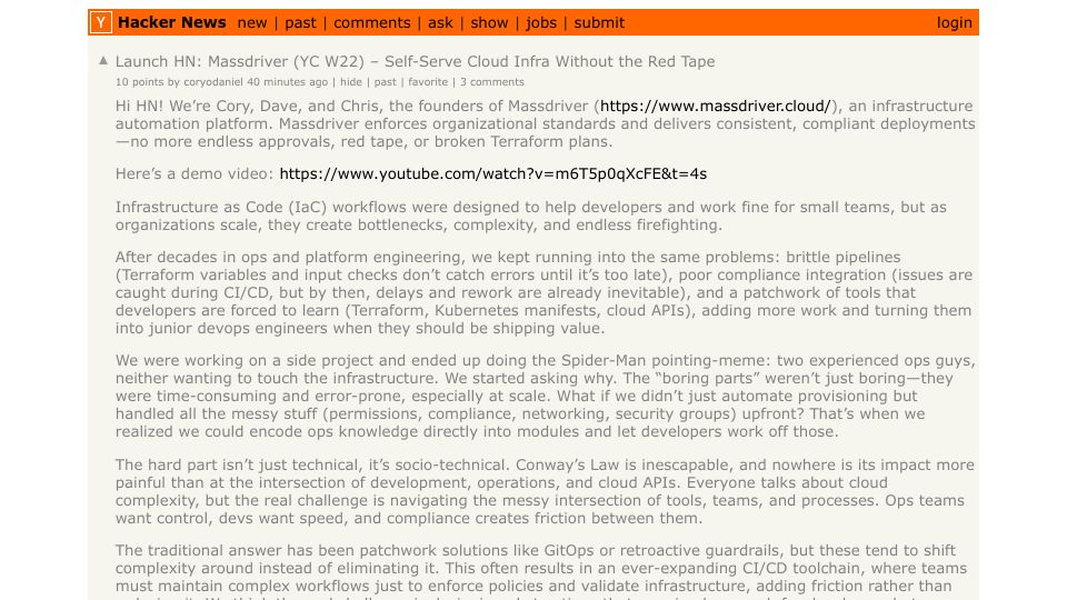 Screenshot of Hacker News post: Launch HN: Massdriver (YC W22) – Self-serve cloud infra without the red tape