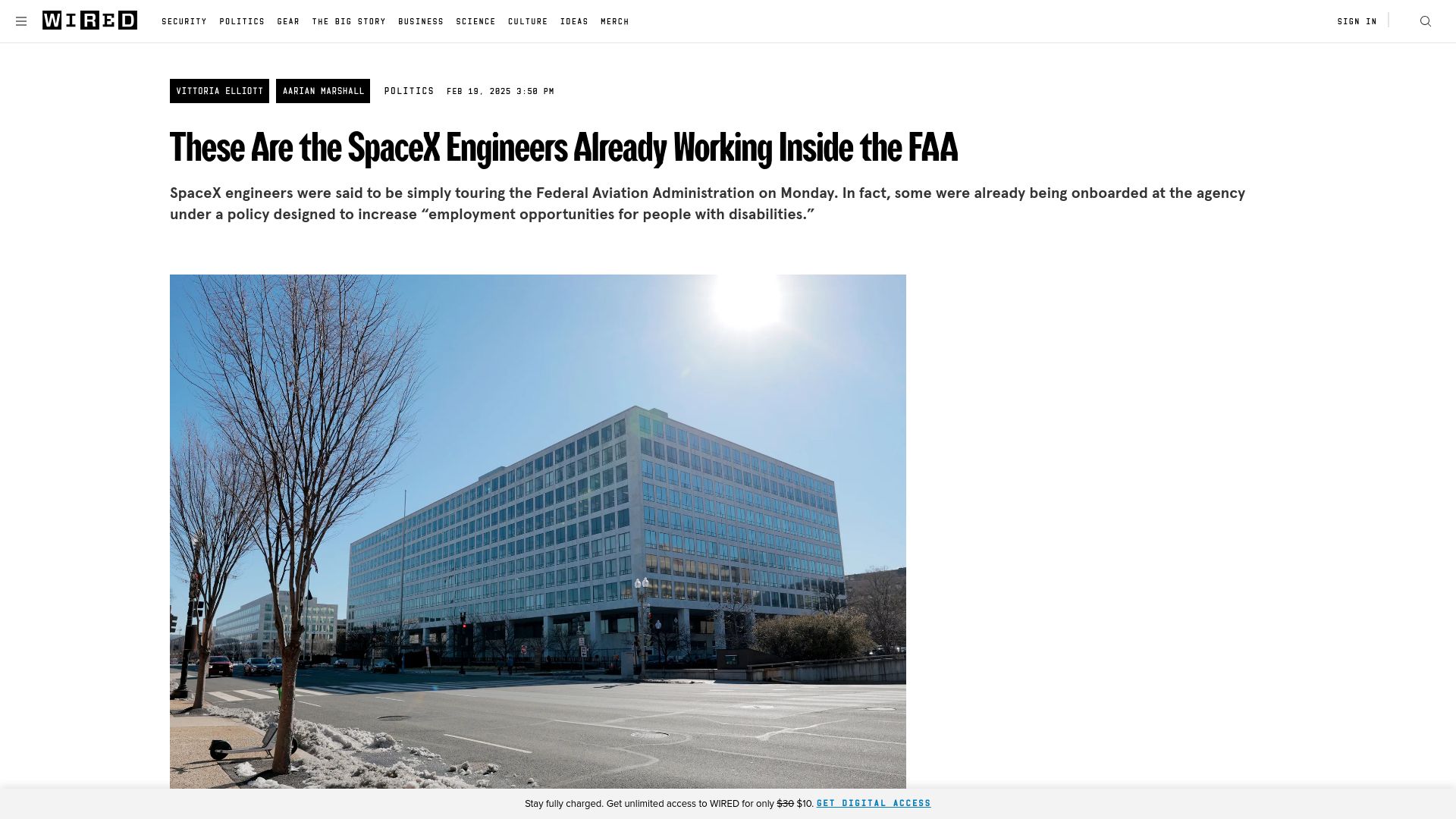 Screenshot of wired.com: SpaceX engineers brought on at FAA after probationary employees were fired