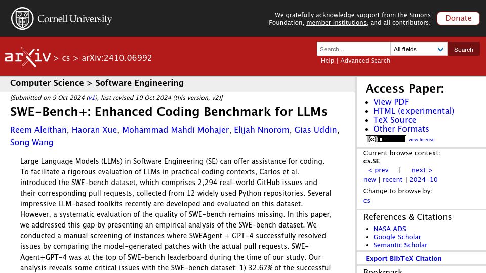Screenshot of arxiv.org: Some critical issues with the SWE-bench dataset