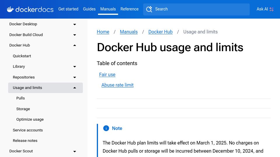 Screenshot of docs.docker.com: Docker limits unauthenticated pulls to 10/HR/IP from Docker Hub, from March 1