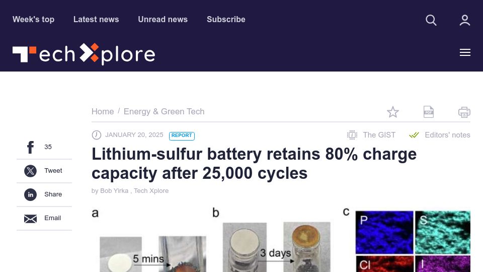 Screenshot of techxplore.com: Lithium-sulfur battery retains 80% charge capacity after 25,000 cycles