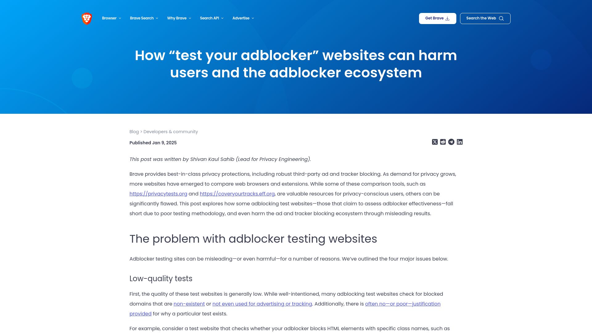 Screenshot of brave.com: "Test your adblocker" websites can harm users and the adblocker ecosystem