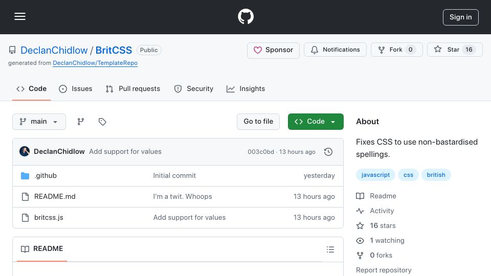 Screenshot of github.com: BritCSS: Fixes CSS to use non-American English