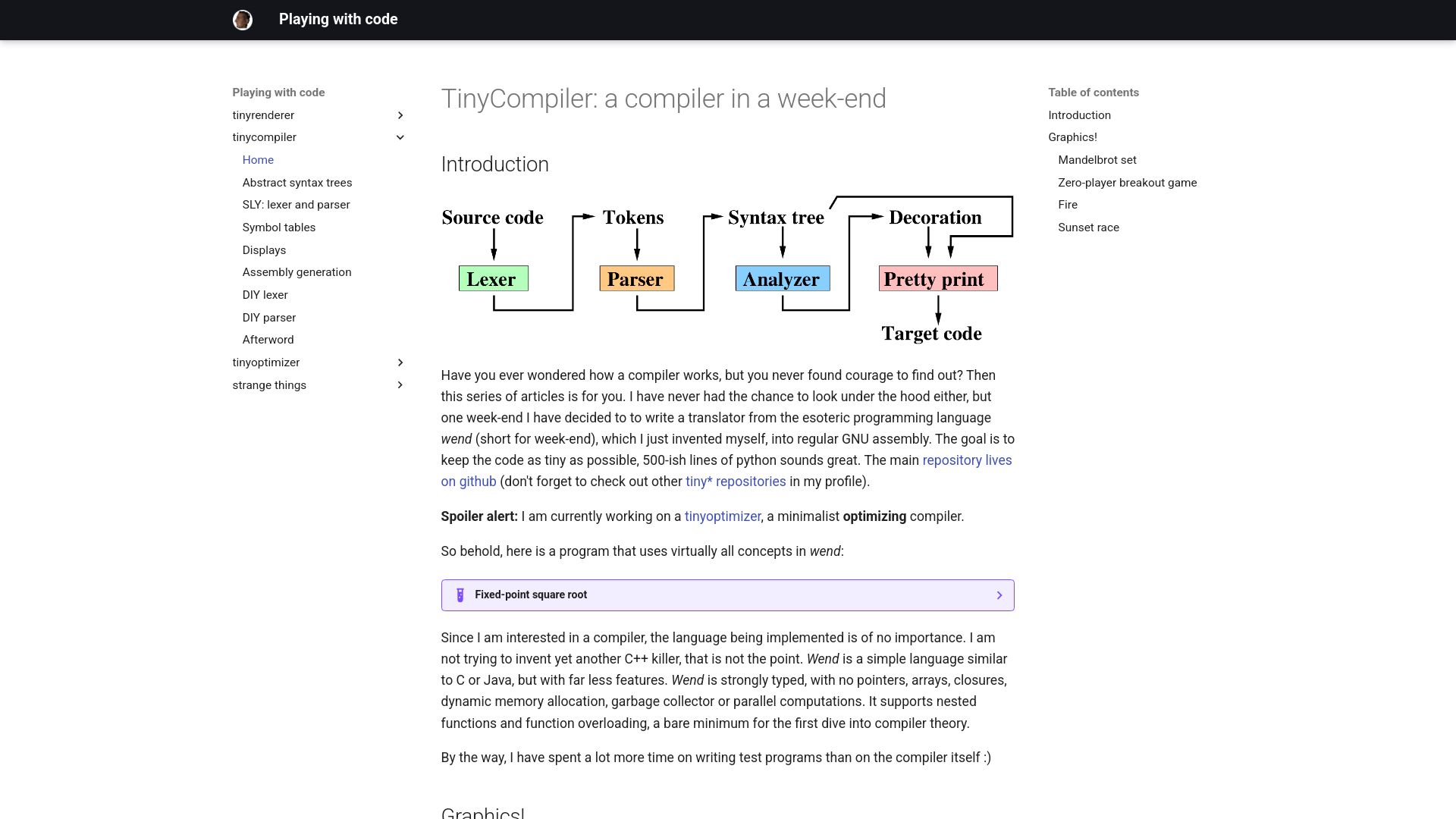 Screenshot of ssloy.github.io: TinyCompiler: A compiler in a week-end
